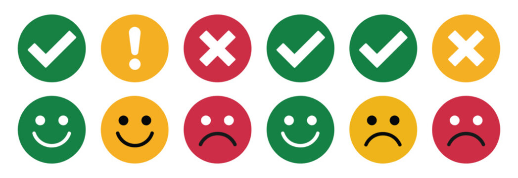 Circular status icons featuring alert approval error emoticons and user interface rating signal symbols.