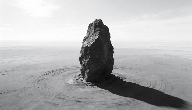 Standing solitary jagged rock casting long shadow on silty plain, showing concentric grooves