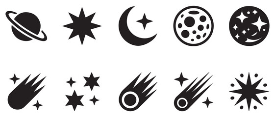 Diverse set of cosmic icons featuring planets moons sun stars comets and astrological symbols. © MdSamsul