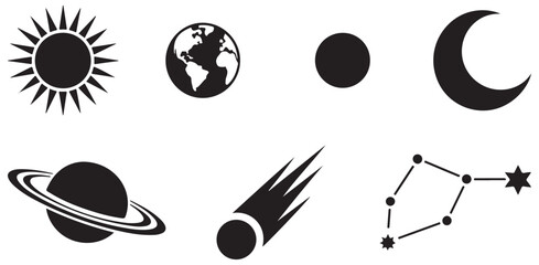 Assortment of astronomical objects including planets earth moon sun comets and constellations. © MdSamsul