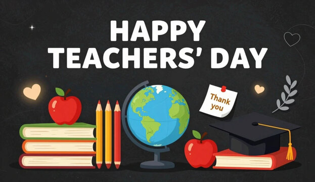 Happy teachers day illustration with globe, books, apples, and graduation cap on blackboard background