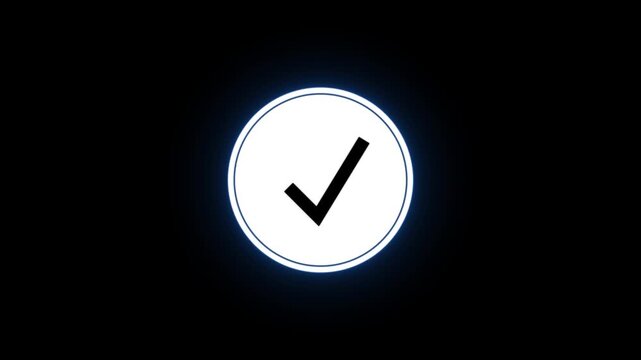 Animation of check mark icon background. Neon Tick mark icon seamless loop.Glowing neon line Tick mark or confirm icon animation.