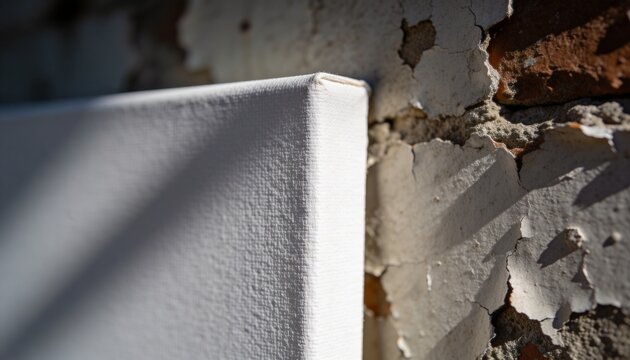 Showing primed canvas edge with weave and stretcher leaning against peeling brick wall and shadows