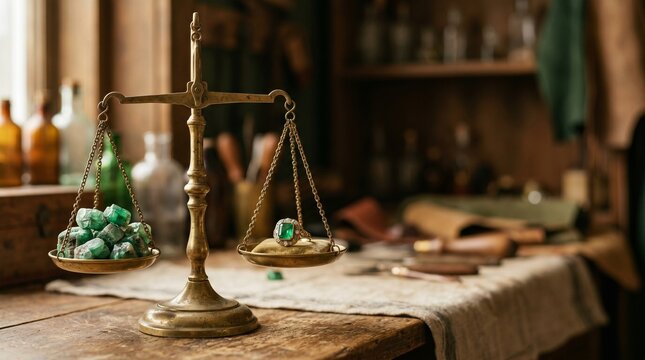 Emerald ring and raw gemstones on an antique brass scale in a workshop