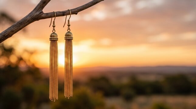 Gold tassel earrings hanging on a tree branch at a beautiful sunset