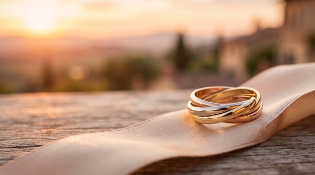 Gold triple interlocking wedding rings resting on ribbon at sunset