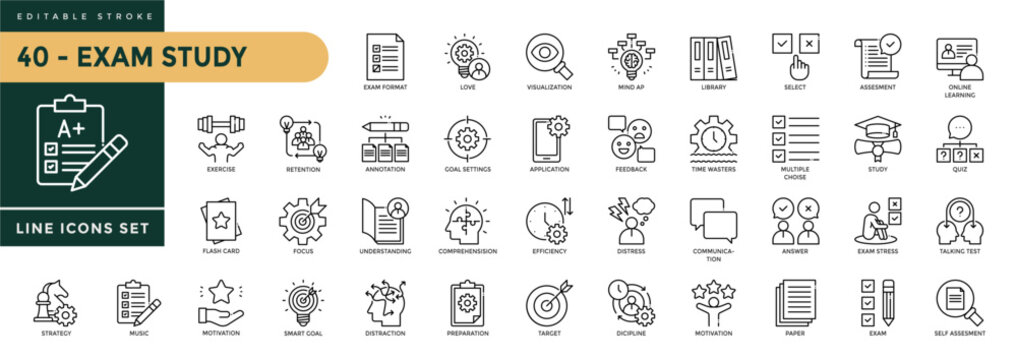 A collection of Exam Study icons set with editable stroke, including goals, review, note, preparation, revision, focus, Learning, concentration, education, schedule. Thin linear vector illustration.