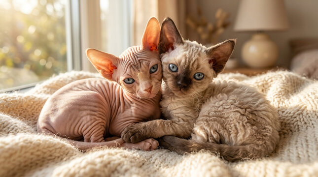 Two hairless sphynx and devon rex cats sitting together on a blanket