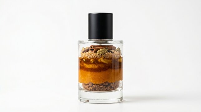 An elegant fragrance bottle artfully filled with a luxurious, sweet fruit and spice layered dessert, creating a unique perfume concept with an alluring scent
