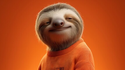 Fototapeta premium A cheerful sloth in an orange shirt, smiling against a vibrant orange background, captures joy and calm. Perfect for promoting relaxation and positivity.