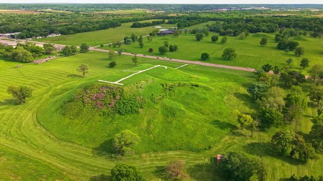 Scenic aerial view of Monks Mound rising above the historic landscape at Cahokia Mounds State Historic Site in Illinois
