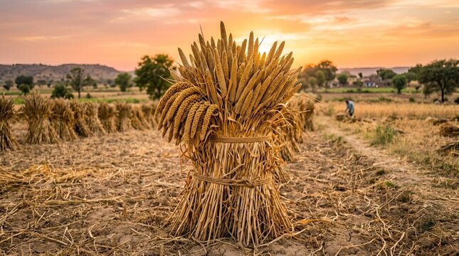 Bundle of harvested wheat sheaf standing in a field at sunset.