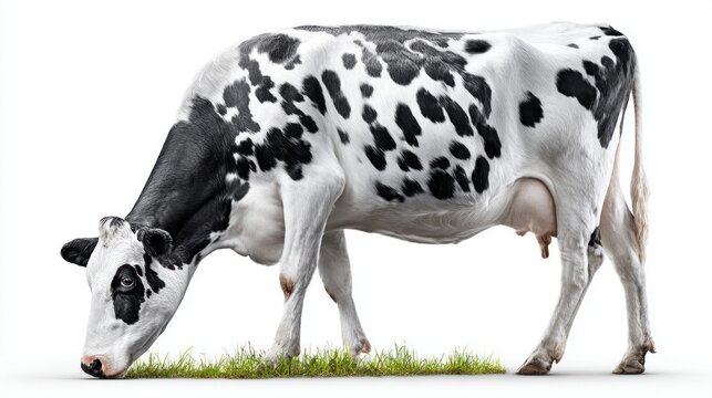 Black and white Holstein cow grazing on green grass against a clean white background