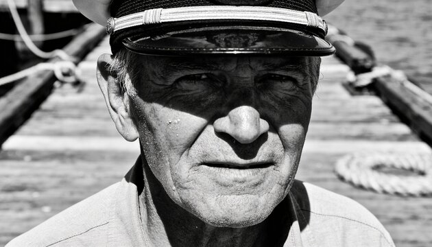 Standing senior captain wearing peaked hat and light shirt, squinting on dock with mooring rope
