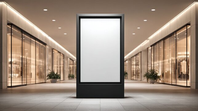 Blank digital billboard stands in a modern shopping mall corridor with shops on both sides