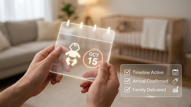 Hands holding glowing calendar with baby icon and october 15 date in modern nursery background symbolizing future baby