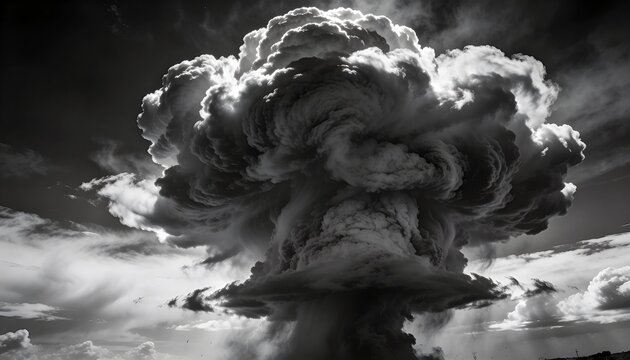Rising mushroom-shaped cloud plume showing dense swirling updraft over low horizon, with anvil head