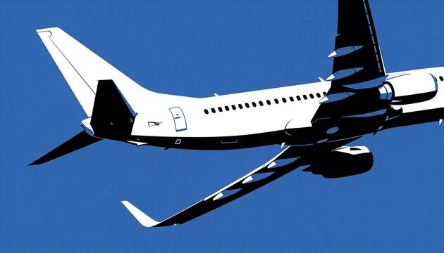 Soaring commercial twin-engine jet showing fuselage tail wings engines windows in blue sky