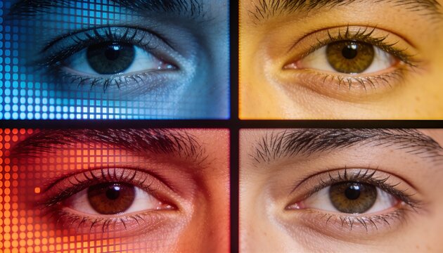Displaying four close-up eyes arranged in 2x2 grid in studio, with black grid lines, pixel overlay