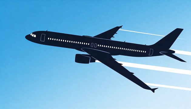 Climbing twin-engine jet silhouette across clear blue sky, showing windows, winglets and contrails