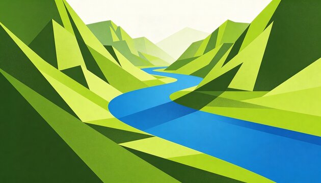Flowing winding blue river cutting through graphic mountain valley, with angular slopes and shadows
