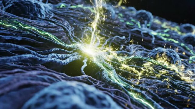 Microscopic view of glowing neural network with electrical pulses firing through brain cells.