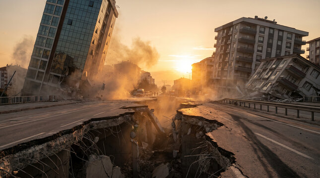 Collapsed buildings and cracked road in city after devastating earthquake at sunset