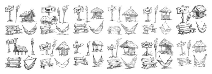 Obraz premium Tropical resort landscape icons featuring beach huts hammocks wooden surf signs and tiki torches collection