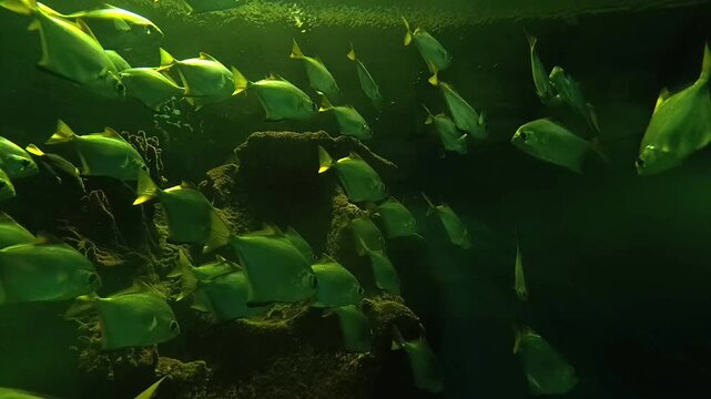 Aquarium life. A school of silvery fish swims in an aquarium