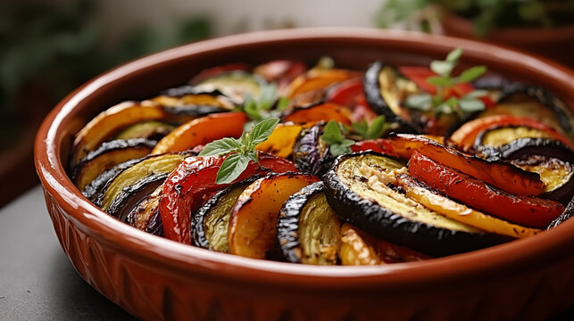 Baked colorful ratatouille with zucchini eggplant and peppers in terracotta dish