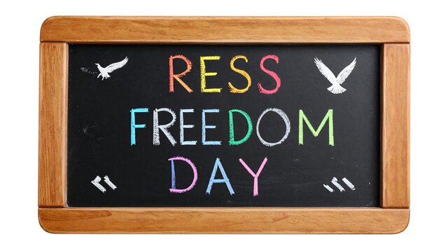 A wooden-framed chalkboard with the words "RESS FREEDOM DAY" written in colorful chalk. Two stylized white birds are drawn on either side of the words