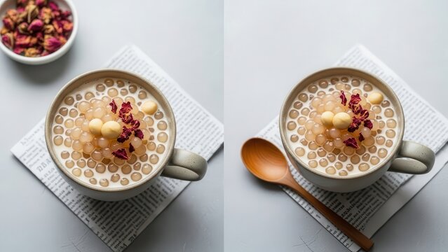 Creamy tapioca pearl dessert with rose petals and macadamia nuts in a ceramic mug