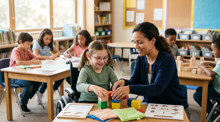 Obraz premium Female teacher helping child in wheelchair build blocks in inclusive elementary classroom