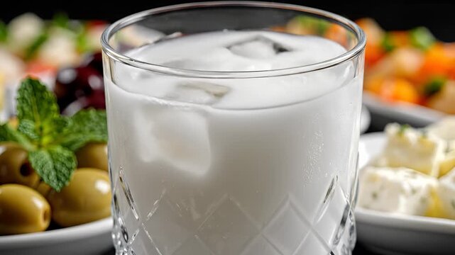 Pouring Ouzo into a Glass with Ice and Meze.