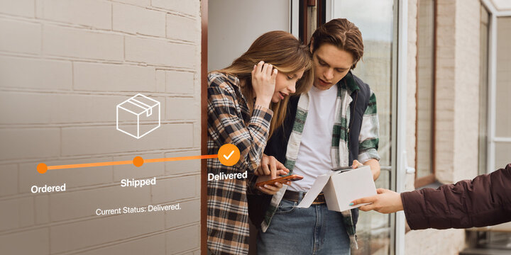 Customers receiving package at home with floating delivery tracking display. Concept of smart delivery, parcel tracking, ecommerce fulfillment and digital logistics service.