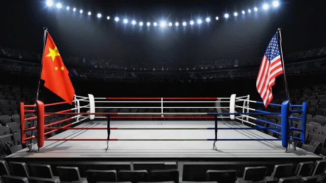 US and Chinese flags in a boxing ring. Geopolitics concept.