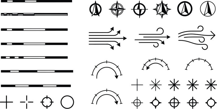 Collection of diverse navigation and directional graphical elements including compass roses arrows wind symbols and targeting icons