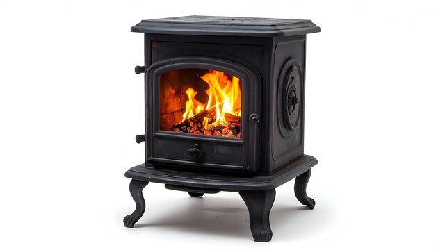 Black ornate wood stove with burning fire inside, isolated on white background