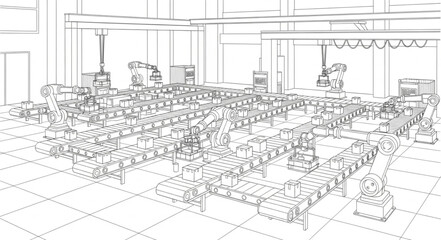 Fototapeta premium Warehouse interior with many shelves and boxes sketch.