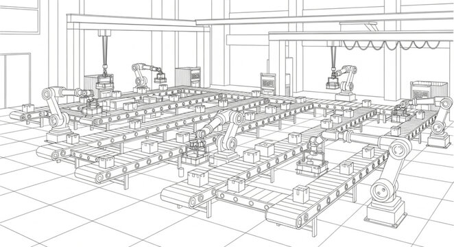 Warehouse interior with many shelves and boxes sketch.