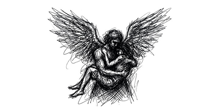 Angel with wings embracing grieving lost soul
