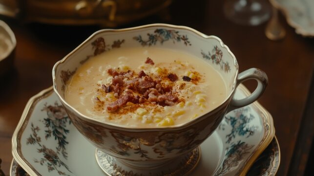 Creamy corn chowder in a vintage bowl with bacon garnish