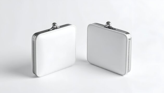 Two white, square clutches sit on a white surface, side-by-side