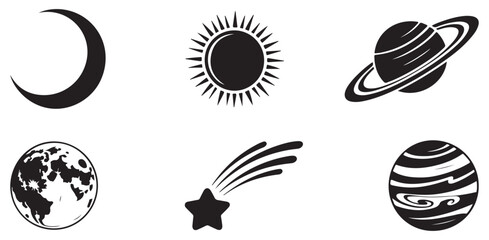 Astronomy and space icons featuring planets sun moon phases shooting stars and galaxy illustrations. © MdSamsul