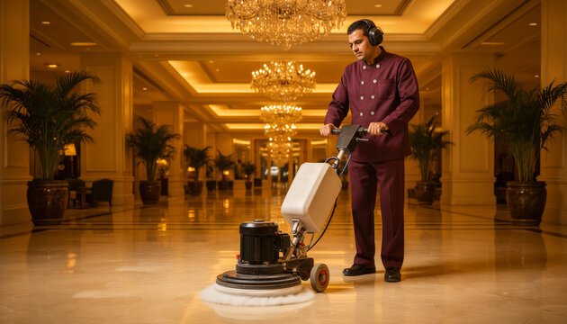 Professional janitor in a maroon uniform using an electric floor buffer machine to polish the shiny marble tiles of a luxurious grand hotel lobby with golden chandeliers and palm trees