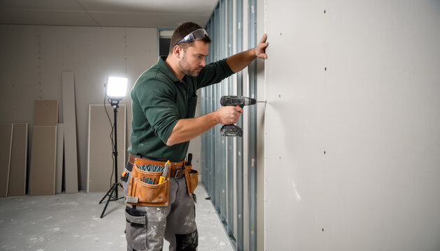 Focused male construction worker using a cordless power drill to install drywall panels on a metal frame partition wall in a building under renovation with professional lighting equipment
