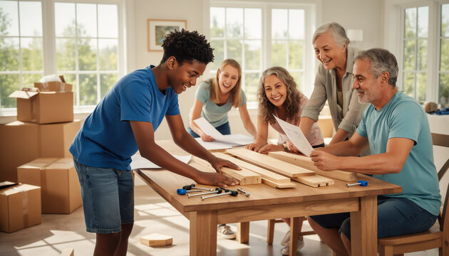 Multi-generational family with teenage son and grandparents working together to assemble wooden flat pack furniture in a new home surrounded by cardboard moving boxes and tools