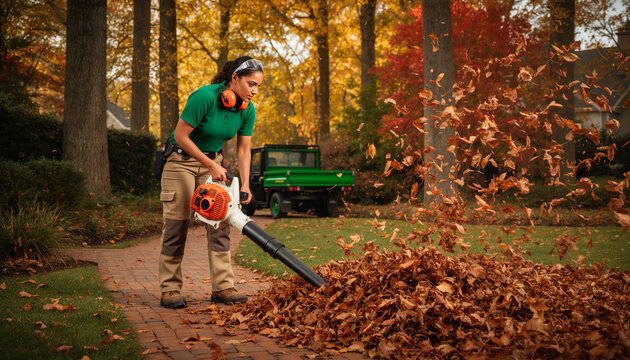 Professional female gardener in a green polo and work pants using a powerful backpack leaf blower to clear a massive pile of dry autumn leaves from a brick garden path in a forest park
