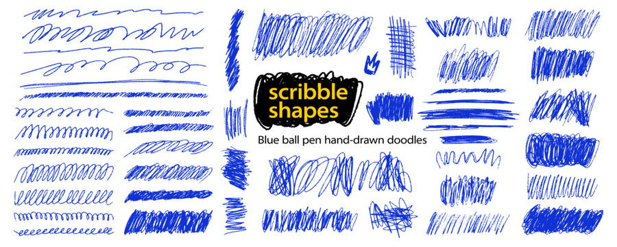 Messy pen scratches set. Hand drawn with blue ball pen squiggle shapes. Ballpoint irregular doodles. Expressive scribble elements. Freehand rough scrawls on transparent background. Vector clipart