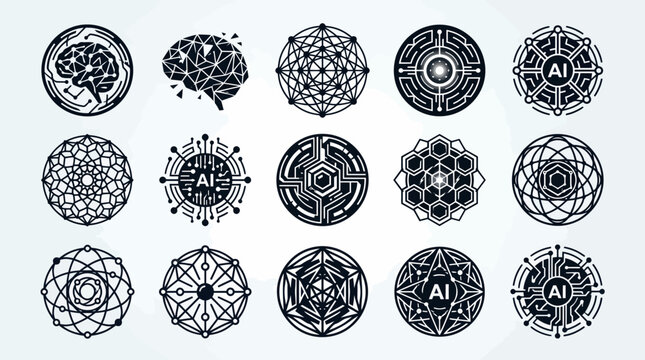 collection of 12 abstract logos and icons representing artificial intelligence, featuring geometric shapes, circuits, and brain-inspired designs.